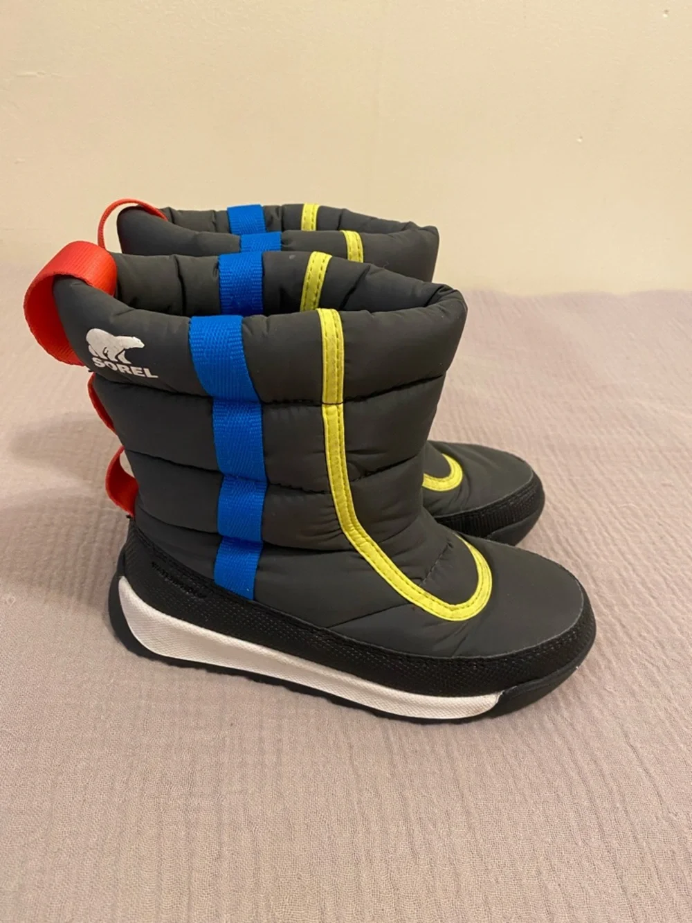 Sorel Kids Black Snow Boots with Yellow, Blue & Red Accents. Size 12